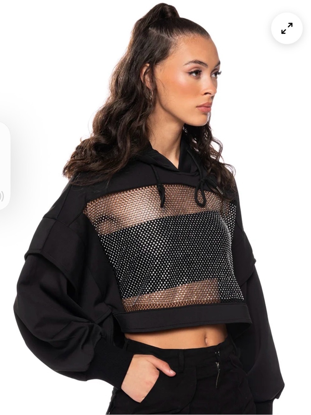 AKIRA Black Cropped Mesh-Panel Hoodie